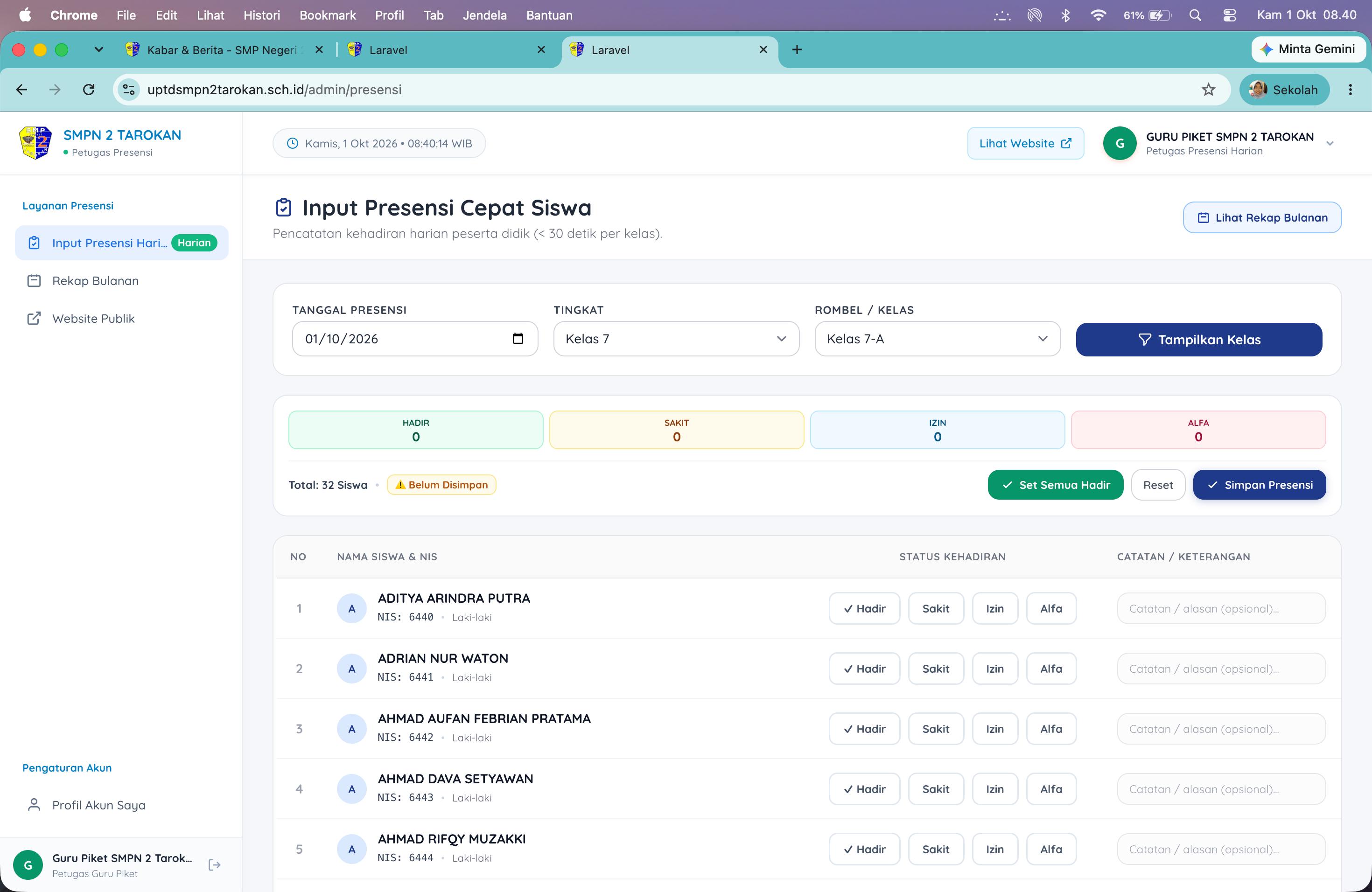 Pemantauan Presensi & Aktivitas Harian Siswa Secara Real-Time Melalui Portal Digital SMP Negeri 2 Tarokan
